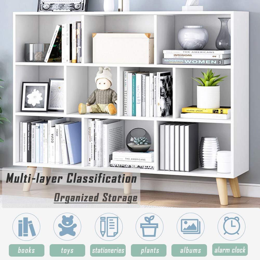 IOTXY Wooden Open Shelf Bookcase - 3-Tier Floor Standing Display Cabinet Rack with Legs, 10 Cubes Bookshelf, Warm White IOTXY
