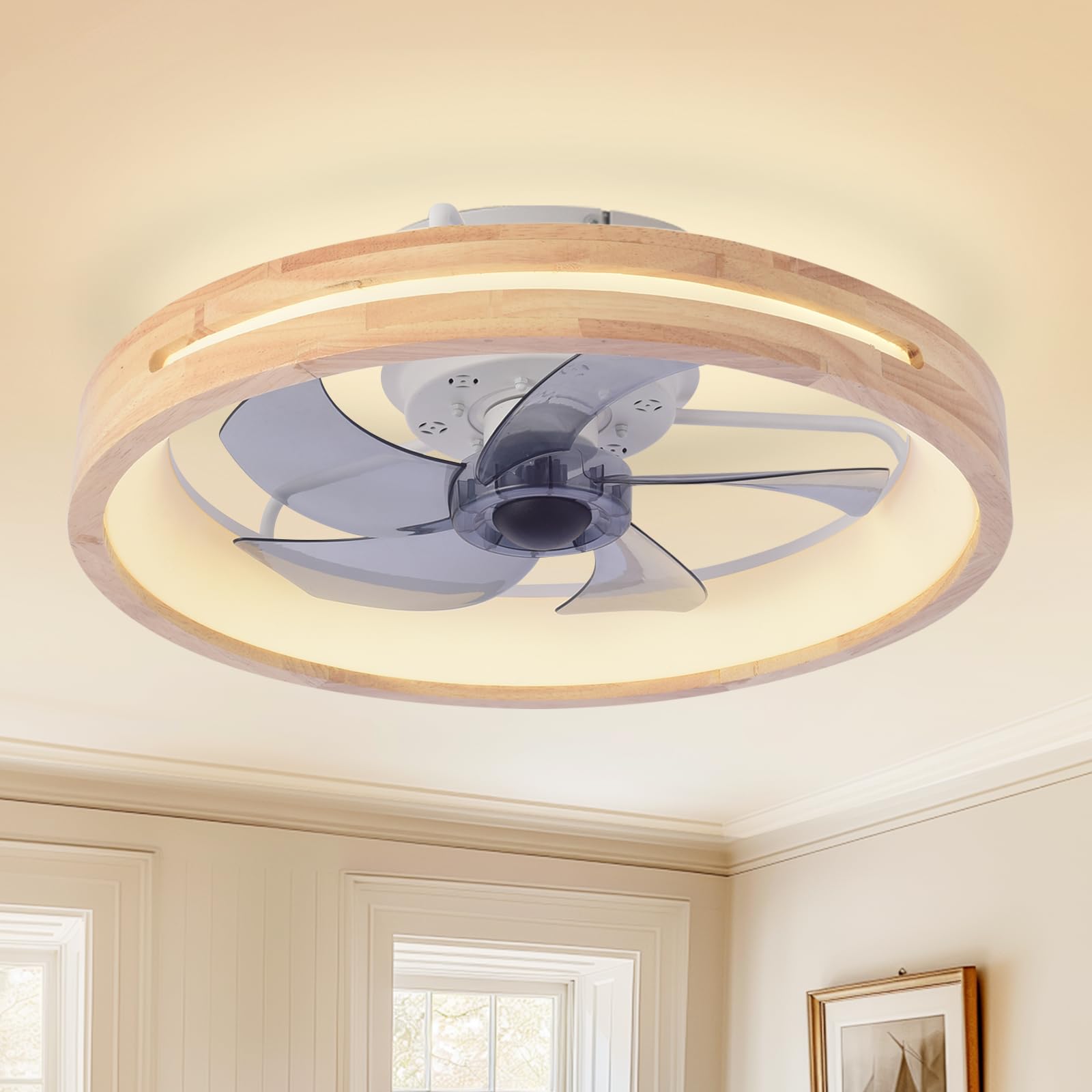 HUOGME Modern Low Profile Ceiling Fans with Lights and Remote, 20" Wooden Flush Mount Reversible Bladeless Ceiling Fans with Light，3000K-6000K Dimmable LED Timing and 6 Wind Speeds - WoodArtSupply