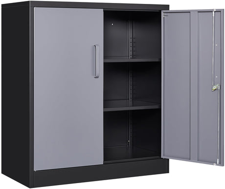 Metal Storage Cabinet with Doors and Shelves,Garage Storage Cabinet with Lock,Black Grey Metal Cabinet with Locking Doors,Steel Cabinet,Lockable Storage Cabinet for Home,Office,Garage Cabinets SISESOL