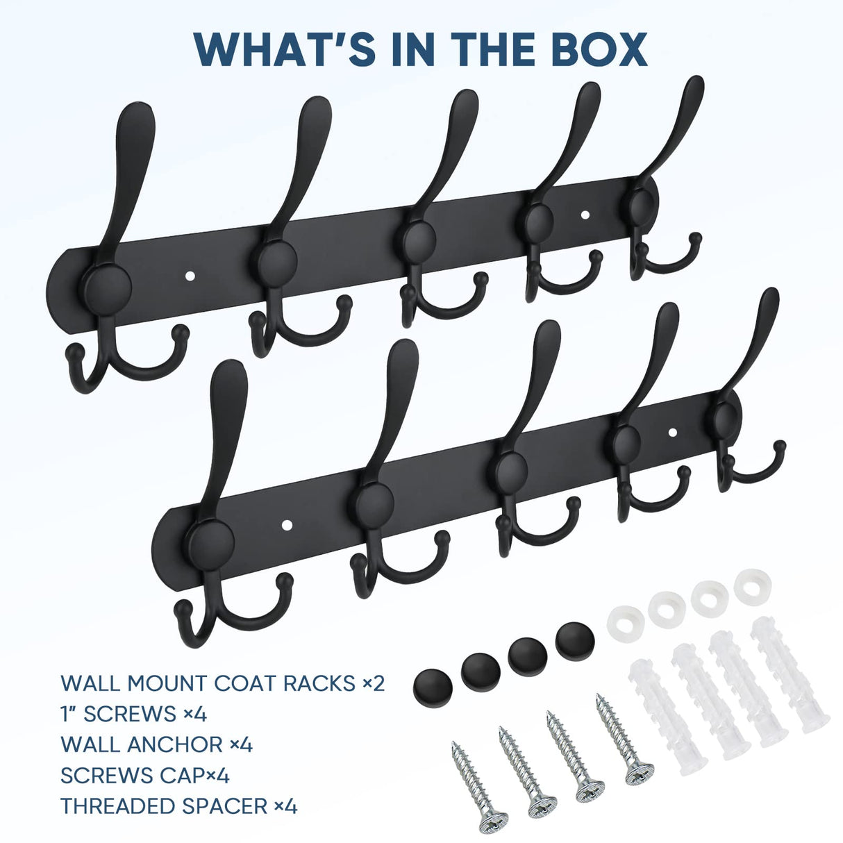 TICONN Wall Mounted Coat Rack, Five Heavy Duty Tri Hooks All Metal Construction for Jacket Coat Hat in Mudroom Entryway (Matte Black, 2-Pack) TICONN