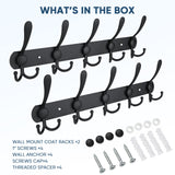 TICONN Wall Mounted Coat Rack, Five Heavy Duty Tri Hooks All Metal Construction for Jacket Coat Hat in Mudroom Entryway (Matte Black, 2-Pack) TICONN