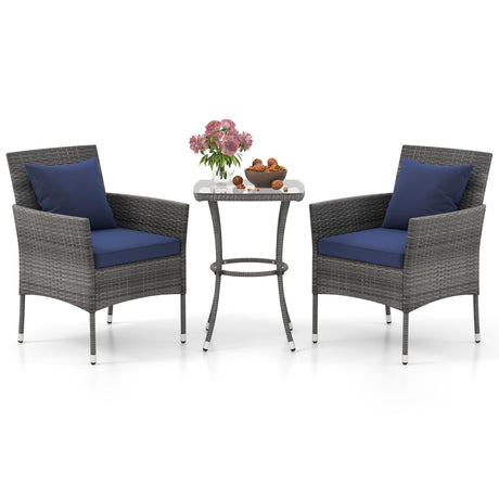 Tangkula 3-Piece Patio Furniture Set, PE Wicker Conversation Bistro Set w/A Tempered Glass Table & 2 Cushioned Chairs, Outdoor Table & Chairs Set for Patio Porch Yard Garden (Mix Gray+Navy) Tangkula