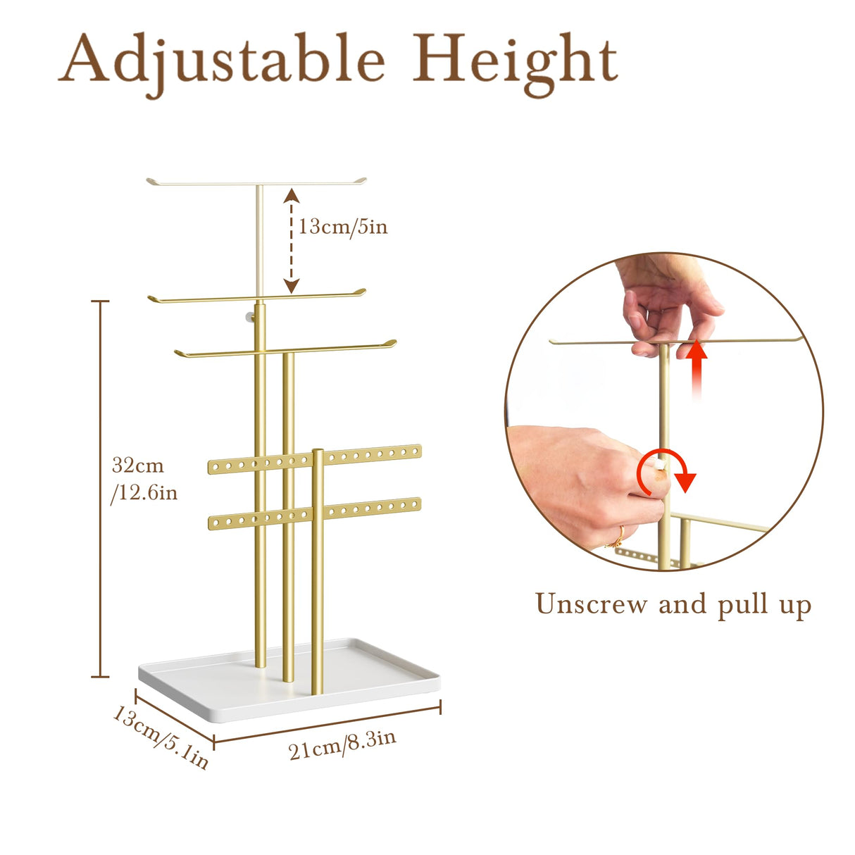 susswiff Jewelry Holder Organizer Stand - Adjustable Jewelry Tree 17.5" Height (Max), Jewlery Hanger for Necklaces, Bracelets, Earrings, Aesthetic for Storage and Display, Metal, Gold and White susswiff