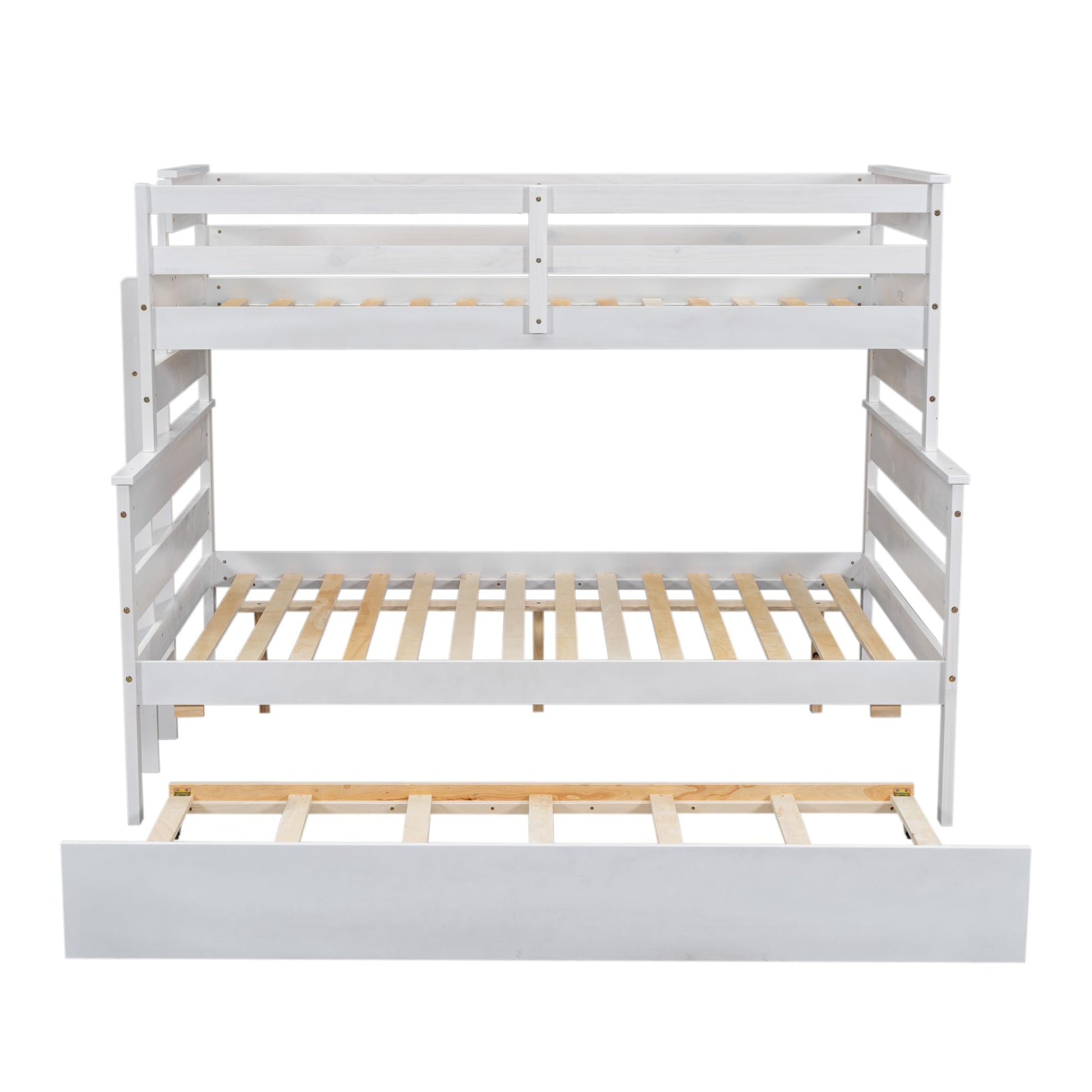 Linique Twin Over Full Bunk Bed with Trundle - White Wooden Frame, Ladder & Guardrails - WoodArtSupply