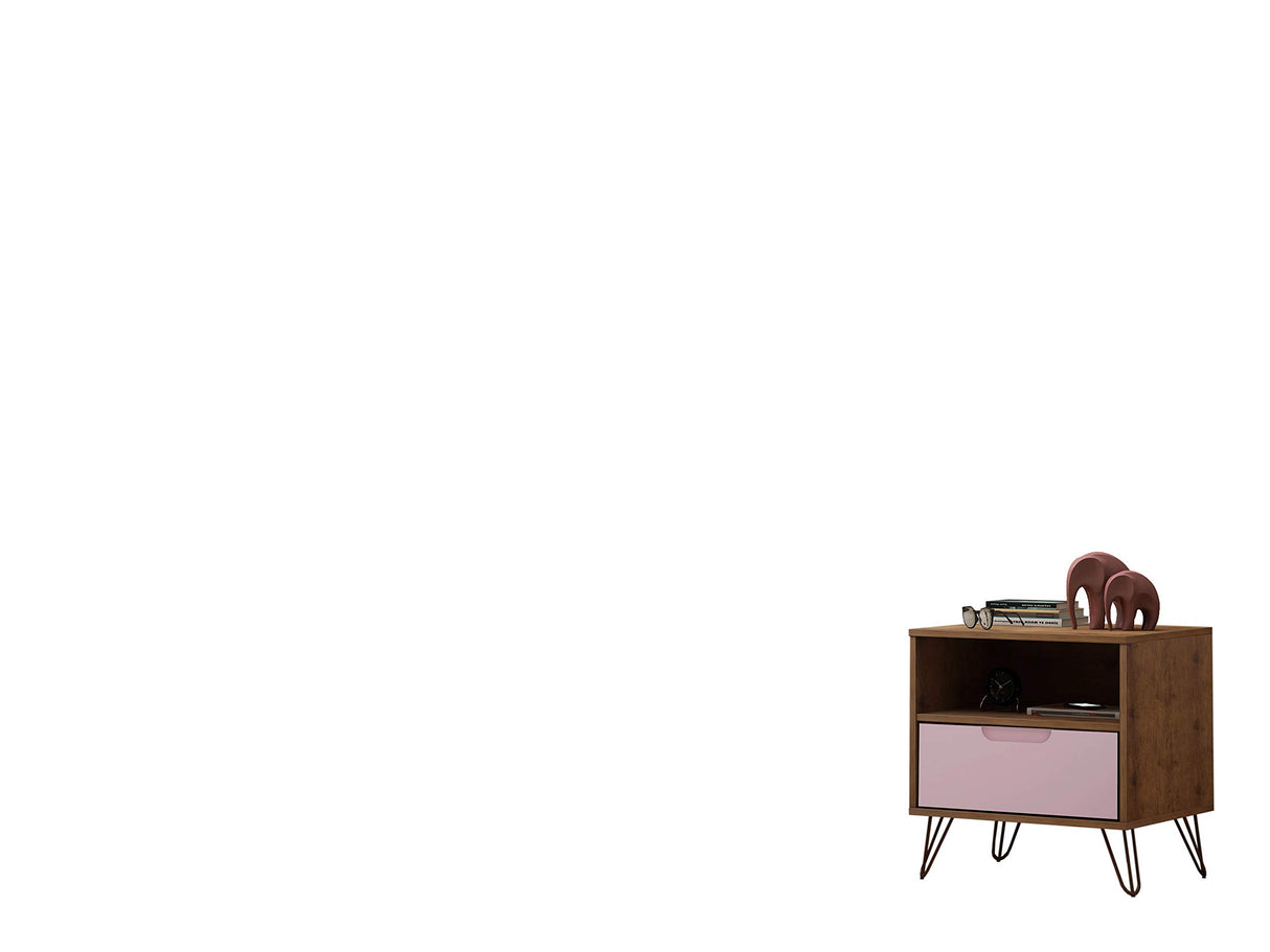 Manhattan Comfort Rockefeller Nightstand with Drawer and Cubby, Mid Century Modern Bedside Table, Minimalist Display and Storage Organizer, Ideal for Bedroom and Living Room, Nature/Rose Pink Manhattan Comfort