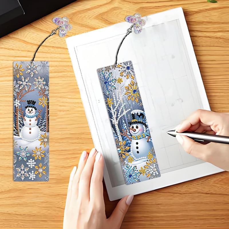 8 Pcs 5D Diamond Art Bookmarks for Reading Lovers, Handmade DIY Diamond Painting Book Marks with Tassels for DIY Making Beginners Adults Arts Craft Supplies (Snowman) JBTM24
