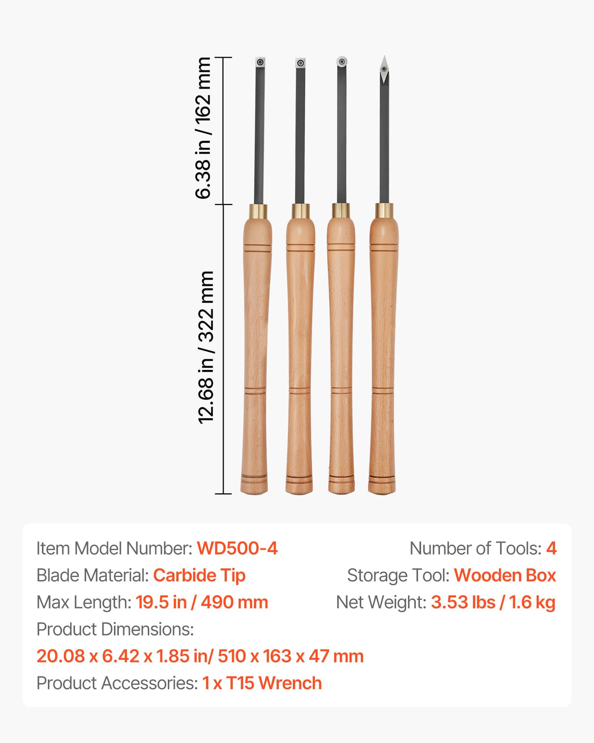 VEVOR Wood Lathe Turning Tool Set, 4PCS Lathe Roughing Finishing and Detailing Hollow Tool with Wooden Handle Diamond Round Square Carbide Inserts Wooden Box for Beginners Hobbyists Professionals VEVOR
