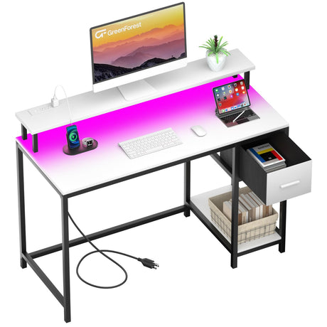 GreenForest White Computer Desk 47 Inch with LED Lights and Monitor Stand, Office Desk with Drawer for Small Spaces, Gaming Desk with Power Outlets and Shelf GreenForest
