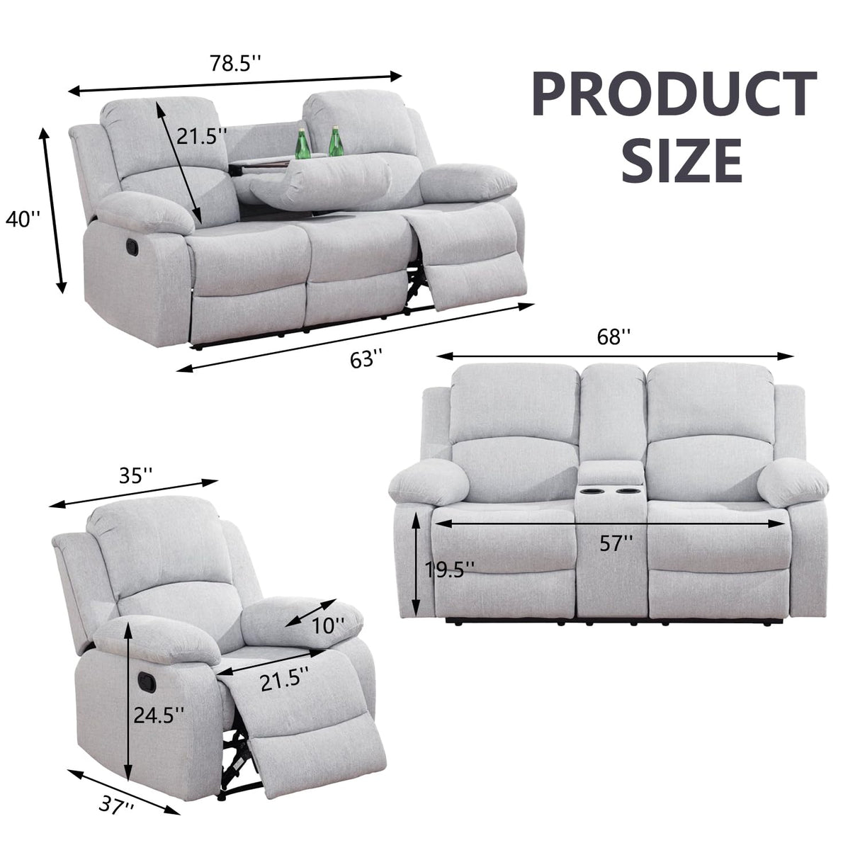 Manual Recliner Sofa Set,Microfiber Reclining Couch Set,Modern Living Room Furniture Set,Reclining Sofa Couch Chair for Living Room Home Office(Grey/White,3 Pieces Set) Pon Living Furniture Inc