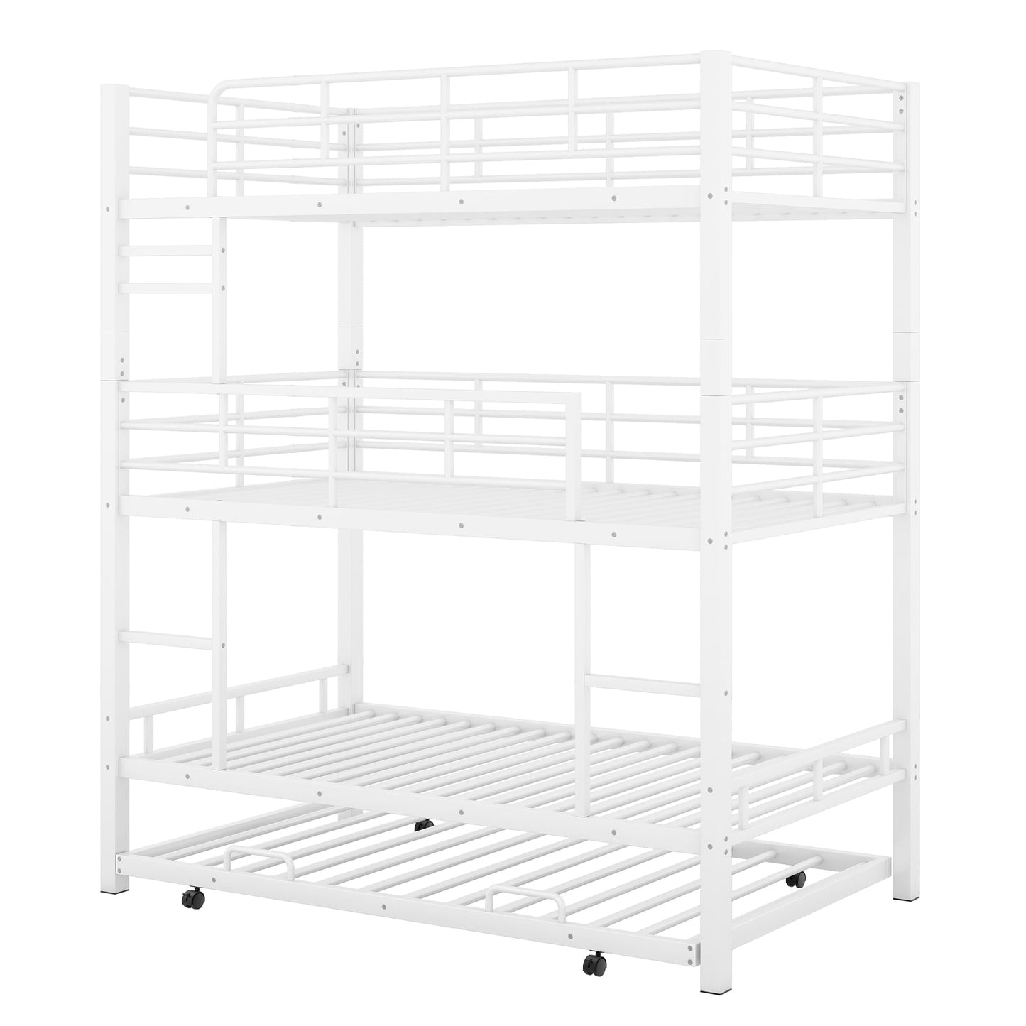 YOPTO Metal Twin Size Triple Bunk Bed with Trundle,Bedroom Bed Frame w/Full-Length Guardrails and Ladders,Detachable Design,for Kids Boys Girls,White