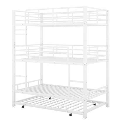 YOPTO Metal Twin Size Triple Bunk Bed with Trundle,Bedroom Bed Frame w/Full-Length Guardrails and Ladders,Detachable Design,for Kids Boys Girls,White