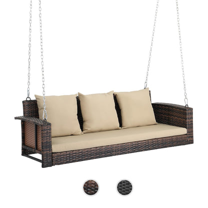 VINGLI Heavy Duty 800 LBS Wicker Hanging Porch Swing with Cushions & Chains, 5FT Outdoor Rattan Swing Bench for Garden, Yard, Lawn (Brown) - WoodArtSupply