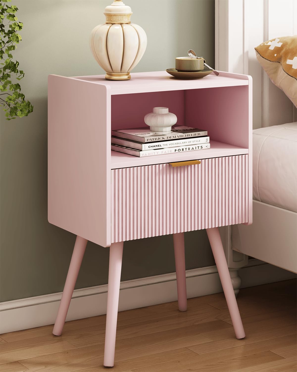 JOONEE Nightstand,Modern Bedside Table with Storage Drawer and Open Wood Shelf, for Living Room, Bedroom and Small Spaces, Accent Night Stand with Solid Wood Legs, Easy Assembly,Classic Pink JOONEE