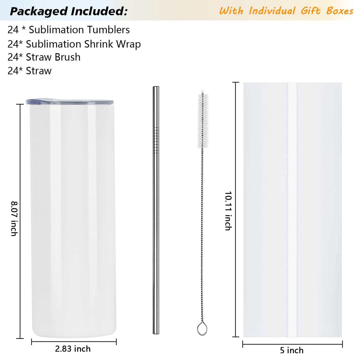 24 Pack Sublimation Tumblers Bulk 20 oz Skinny Straight, Sublimation Blanks Double Wall Stainless Steel Skinny Tumbler with Lid and Straw, Shrink Wrap Film, Individually Boxed, for Heat Press Machine