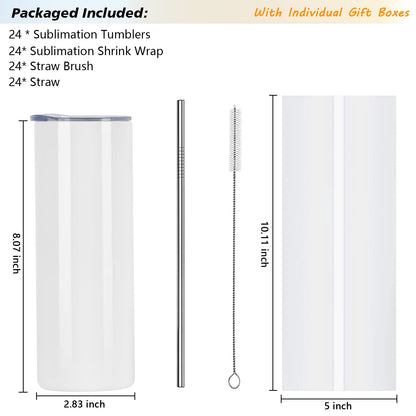 24 Pack Sublimation Tumblers Bulk 20 oz Skinny Straight, Sublimation Blanks Double Wall Stainless Steel Skinny Tumbler with Lid and Straw, Shrink Wrap Film, Individually Boxed, for Heat Press Machine