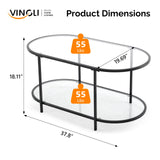 VINGLI Glass Coffee Table, 38" Oval Coffe Table for Home Decor, Modern Tea Table with 2-Tier Storage, Skinny Coffee Tables for Living Room, Office, Small Space, Black VINGLI