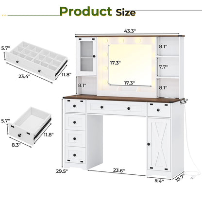 DICTAC Farmhouse Makeup Vanity Desk with Mirror and Lights, Large Vanity Table with Charging Station, 43'' Bedroom Dressing Table with 6 Drawers & 2