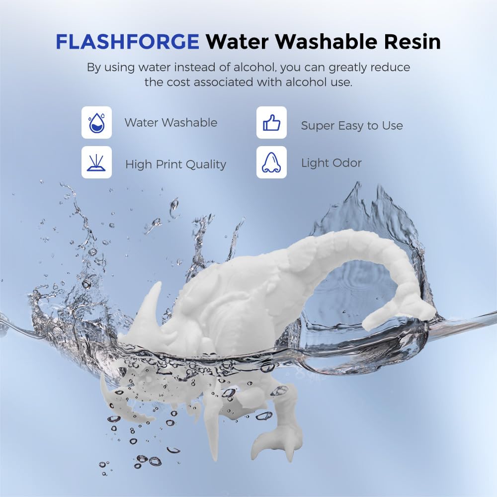 FLASHFORGE Water Washable Resin, 3D Printer Resin with Low Viscosity and Fast Printing, 405nm High Precision UV-Curing 3D Resin for LCD/DLP/SLA Resin 3D Printer (White, 2KG)