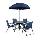 Flash Furniture Nantucket 6-Piece Patio Dining Set with Glass Table, 4 Folding Chairs, and Umbrella, Outdoor Patio Table, Chairs, Umbrella Set, Navy Flash Furniture