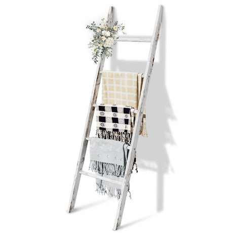 5-Tier Blanket Ladder Wooden, 5.3FT(63'') Blanket Quilt Holder Rack Decorative Ladder, Easy Assembly, Rustic Farmhouse Ladder Shelf for The Living Room Bedroom Bathroom Home Decor, White Wash Delywh