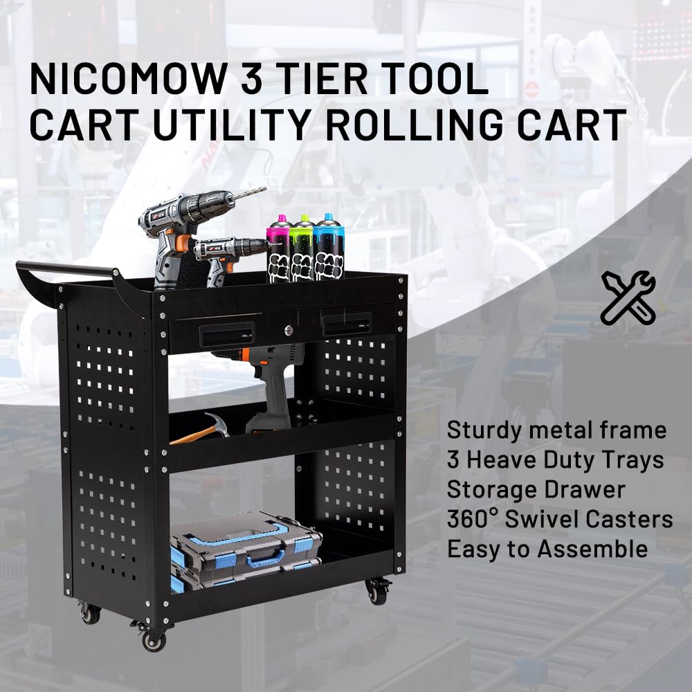 Yeeoy 3 Tier Rolling Tool Cart on Wheels, 330 LBS Capacity Heavy Duty Utility Tool Organizer with Storage Drawer Pegboard, Industrial Service Tool Cart for Mechanics, Garage, Warehouse, Repair Shop