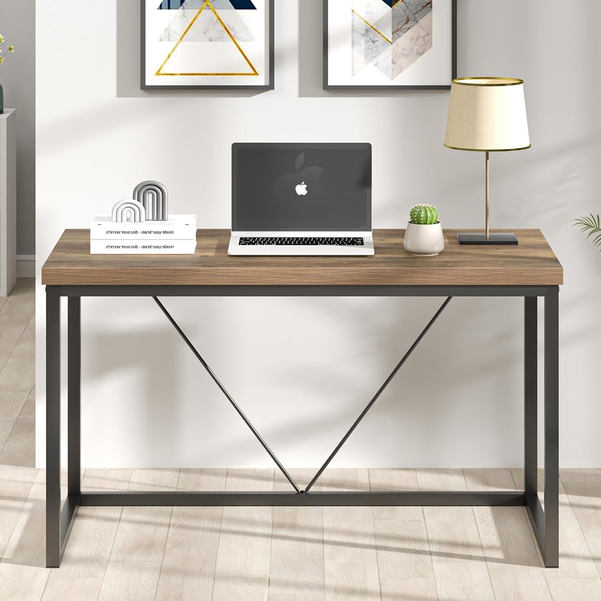 FOLUBAN Modern Home Office Desk, Rustic Wood and Metal Computer Desk, Industrial Study Writing Gaming Table Workstation, Vintage Laptop PC Desk, Oak 47 Inch FOLUBAN