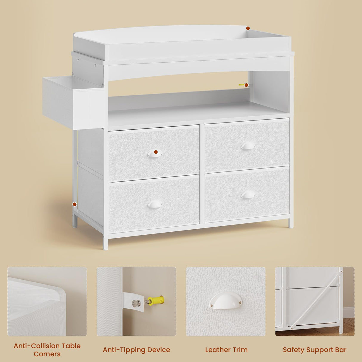 Weiplehoom Baby Changing Table with Storage, Changing Table Dresser, Diaper Changer Crib Sleeper Fabric Drawers, Storage Dividers, Diapers Bags for Nursery Modern (4 Drawers/White) Weiplehoom