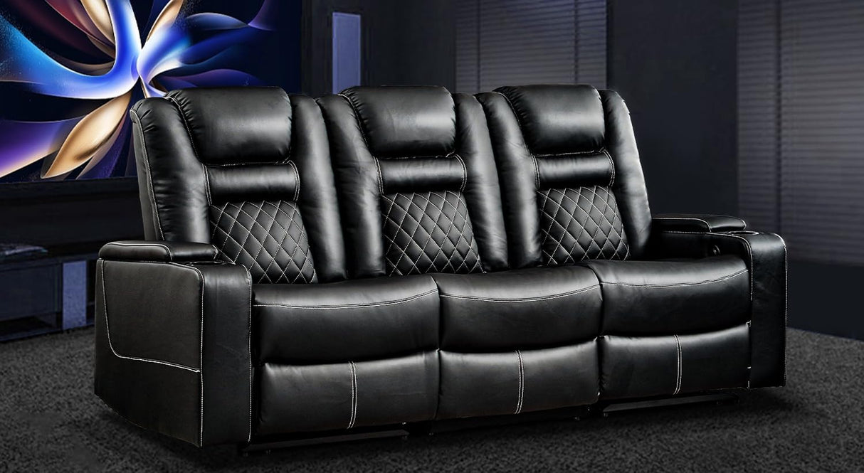 CANMOV Home Theater Seating Seats, Theater Recliner Chair Sofa, PU Leather 3 seat Power Recliner Sofa with Cup Holders, Hidden Arm Storage, USB Ports,Black CANMOV