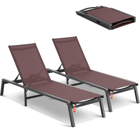 VEVOR 2 Pcs Chaise Lounge Chairs Outdoor, Aluminum Patio Lounge Chair with Adjustable 5-Position, Folding Pool Chairs Recliner and Full Flat Tanning Chair for Patio, Beach, Pool, Brown, 2 pcs VEVOR