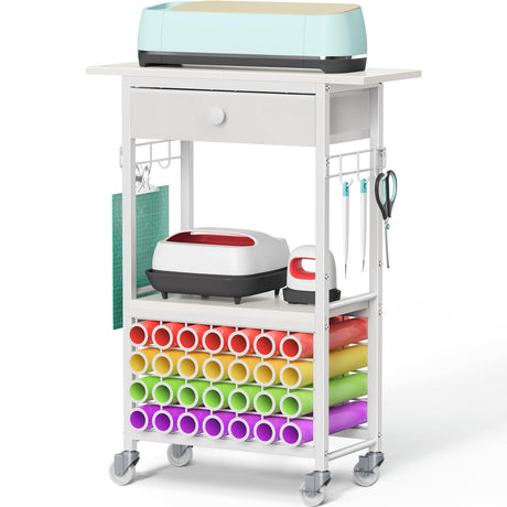 Snughome Craft Cart Compatible with Cricut Maker, Craft Organizers and Storage for Cricut Cart Organizer Table with Wheels, Drawer and 28 Vinyl Roll Holders, White, 23.6"(L) x 9.5"(D) x 31.7"(H) Snughome