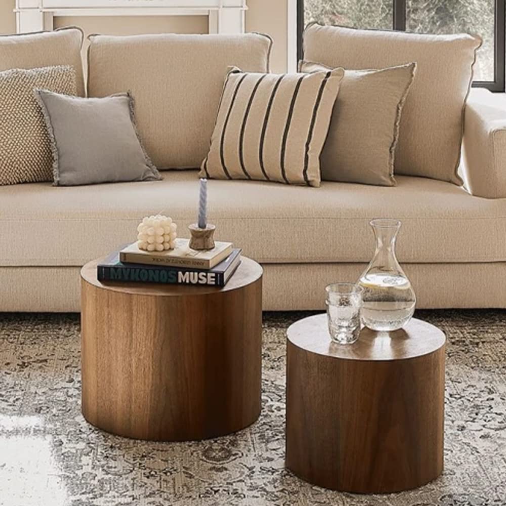 WILLIAMSPACE Nesting End Table Walnut, Wooden Round Coffee Tables Modern Circle Table Set of 2 for Small Space Living Room Bedroom Accent Side Table (Walnut, Round) - WoodArtSupply