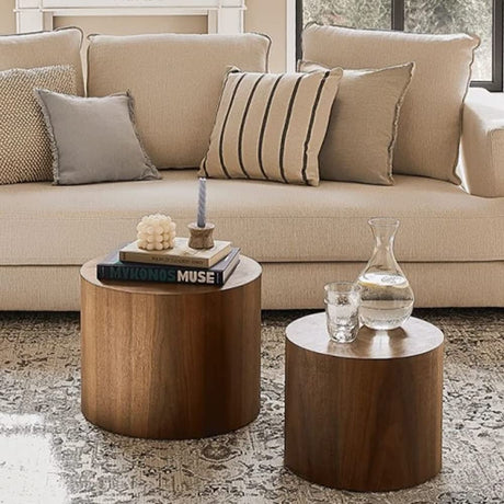 WILLIAMSPACE Nesting Coffee Table Set of 2, Walnut Round Wooden Coffee Tables Modern Circle Table for Small Space Living Room Bedroom Accent End Side Table (Walnut-Round) WILLIAMSPACE