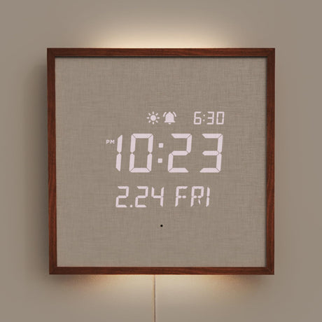 mooas Wooden Frame LED Silent Wall Clock with Remote, Backlit Nightlight, Modern Digital LED Wall Clock Display Sunrise Alarm Melody 5 Brightness for Bedroom Living Room Office Decor- Dark Wood mooas