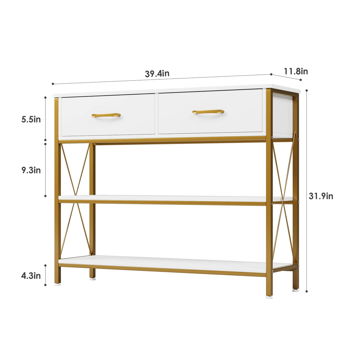HITHOS Industrial Console Table with Drawers, Vintage Hallway Foyer Table with Storage Shelves, Narrow Long Sofa Entryway Table for Living Room, White/Gold HITHOS