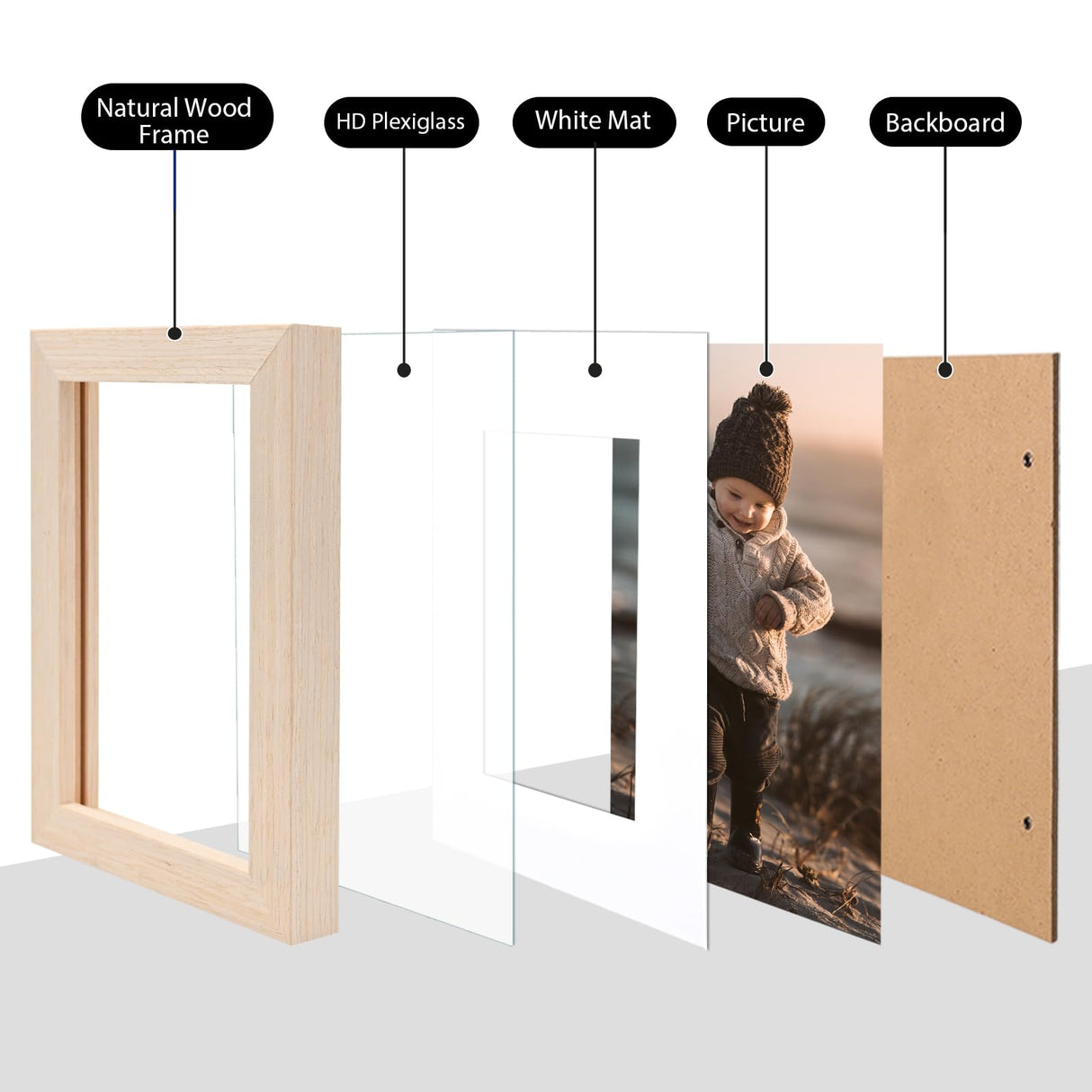 KINLINK 4x4 Picture Frames Natural Wood Frames with Acrylic Plexiglass, Tabletop and Wall Mounting Display Square Frame, Set of 4 KINLINK