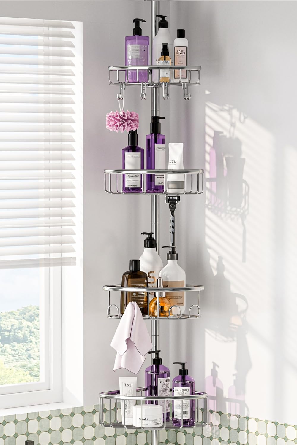 Corner Shower Caddy Tension Pole: Stainless Steel Rustproof 4-Tier Shower Organizer - 47-121 inch Adjustable Bathroom Shelves for Bathtub Shampoo Storage - Tension Rod Floor Standing Bath Rack -Silver ESSEME