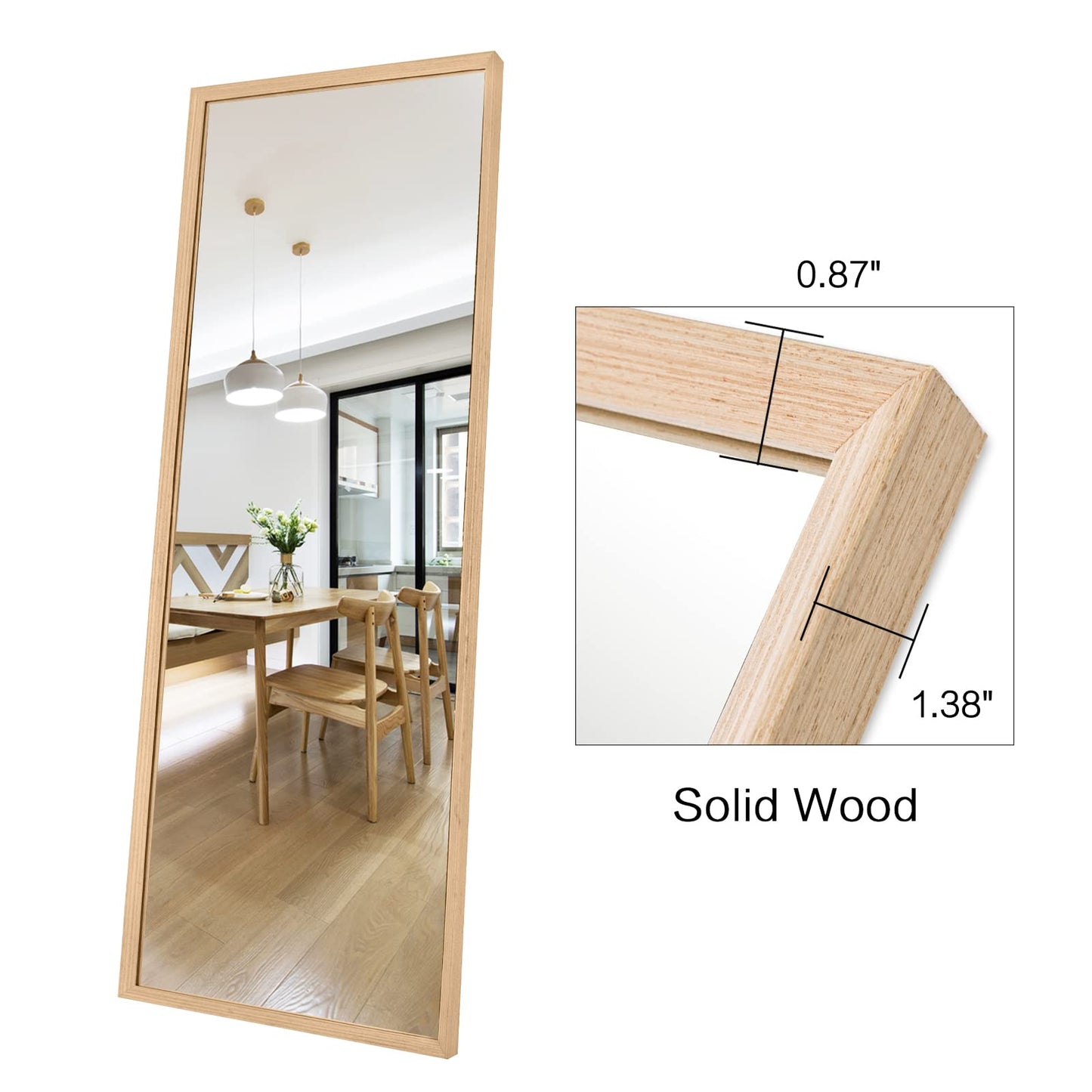 TheiaMo 65"×22" Wooden Full Length Mirror, Floor Mirror with Standing Holder Leaning/Hanging Mirror Wood Frame Large Wall-Mounted Mirror for Bedroom/Living Room, Solid Wood - WoodArtSupply