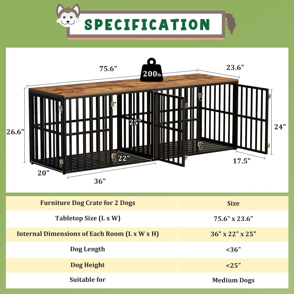 AGESISI Dog Crate Furniture for 2 Dogs, 76” Wooden Dog Kennel with Divider, XXL Double Dog Crate Furniture Large Breed with 4 Doors, Dog Cage End Table Indoor for Large & Medium Dogs, Black - WoodArtSupply