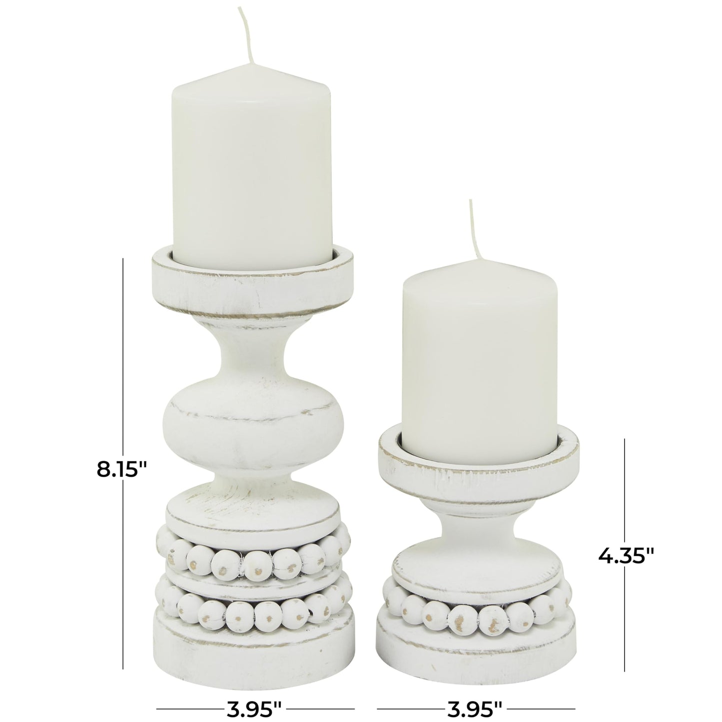 The Novogratz Wood Decorative Candle Holder Beaded Pillar Candle Stand, Set of 2 Candlestick Holder 8", 4"H, White - WoodArtSupply