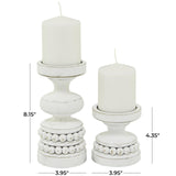The Novogratz Wood Decorative Candle Holder Beaded Pillar Candle Stand, Set of 2 Candlestick Holder 8", 4"H, White Deco 79