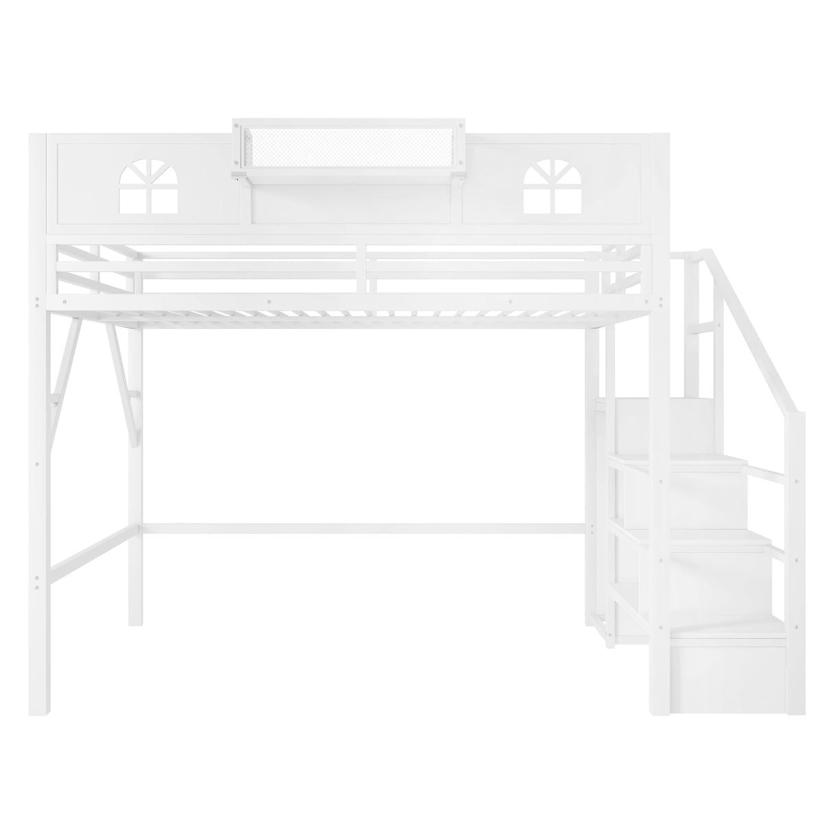 KEIKI Queen Size Loft Bed with Stairs & Storage Wardrobe, Kids Metal Bed Frame w/Safety House-shaped Guardrail, Space-saving Corner Beds w/Top Shelf for Teens, Easy Assembly Bedframe Queen-size, White KEIKI