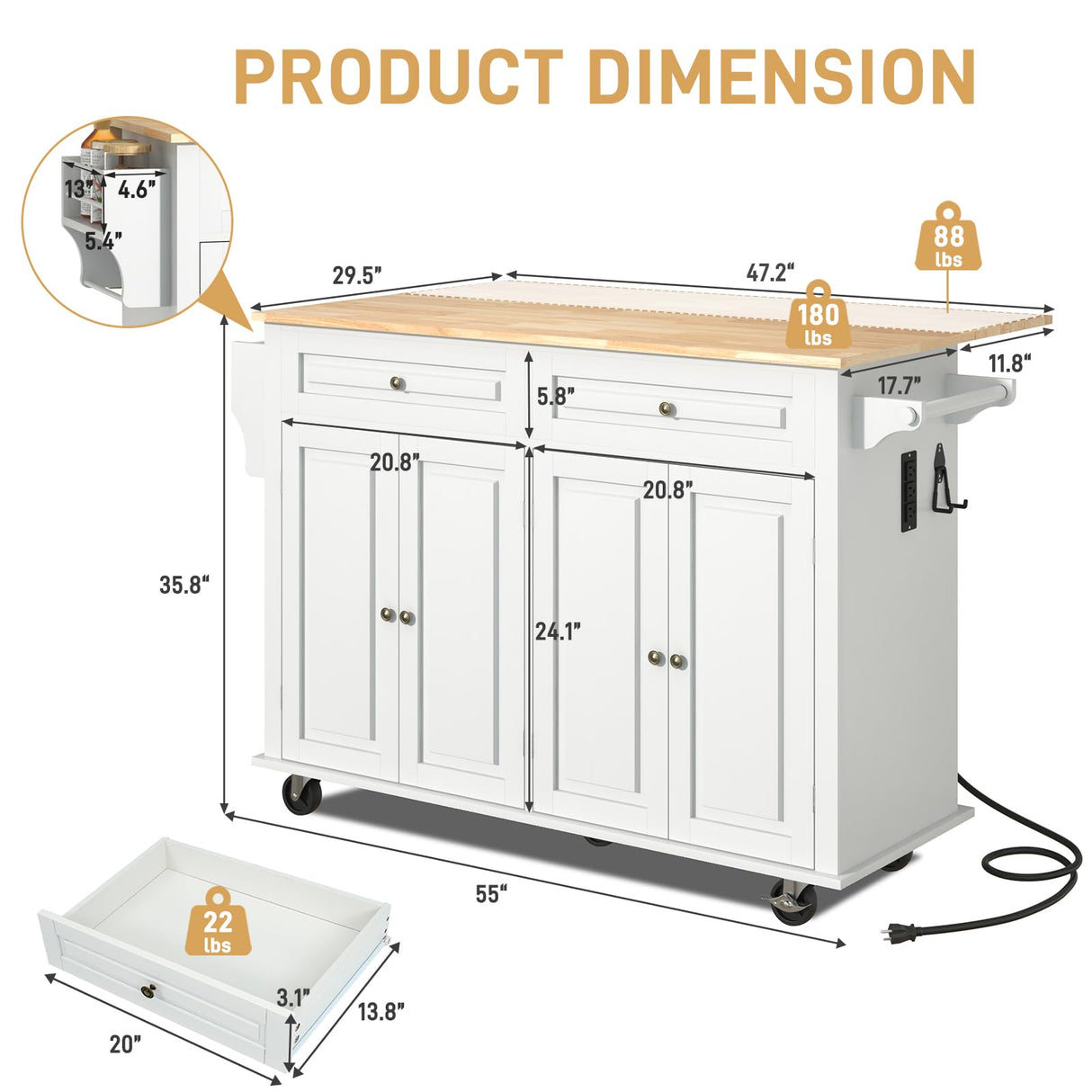 Hlivelood 55" Movable Kitchen Island with Drop Leaf and Power Outlet, Rolling Island Cart w/Storage Cabinet, Island Table on Wheels for Kitchen w/2 Drawers, Spice Rack, Towel Bar, Garage Hook, White Hlivelood