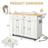 Hlivelood 55" Movable Kitchen Island with Drop Leaf and Power Outlet, Rolling Island Cart w/Storage Cabinet, Island Table on Wheels for Kitchen w/2 Drawers, Spice Rack, Towel Bar, Garage Hook, White Hlivelood