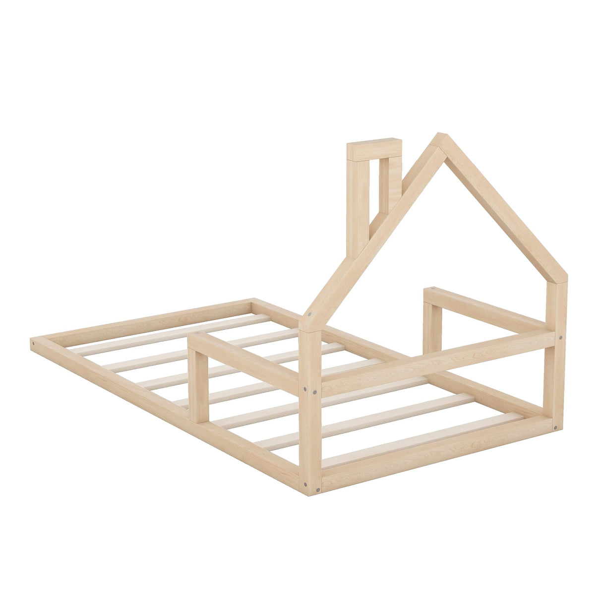 Bellemave Twin Size Montessori Floor Bed with House-Shaped Headboard and Railings in Natural Finish Bellemave