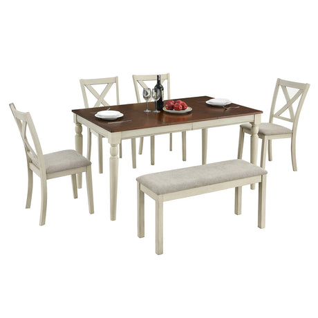 AMERLIFE 6-Piece Farmhouse Dining Table Set, 60” Solid Wood Table, 4 Upholstered Chairs and Bench, Rustic White and Walnut Finish, Seating for 6, for Kitchen or Dining Room AMERLIFE