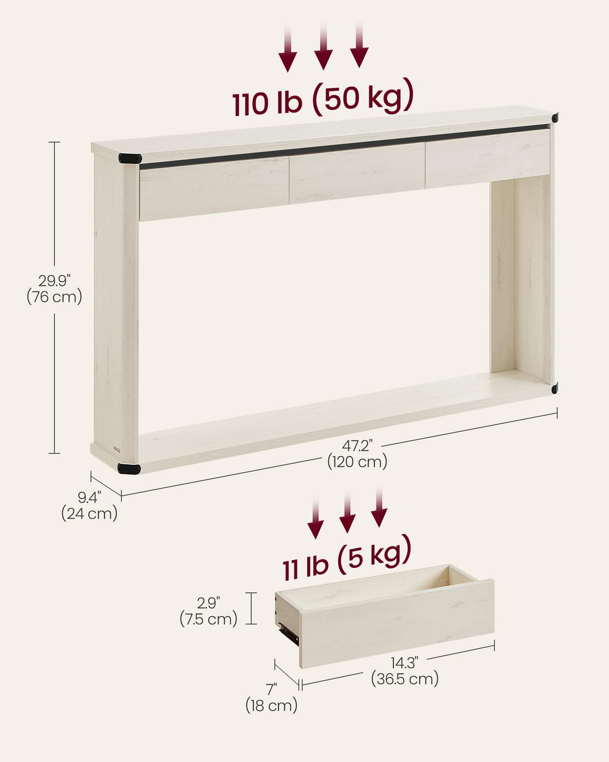 VASAGLE Console Table, 47.2 Inches Sofa Table, Narrow Entryway Table, Entry Table with 3 Drawers, Bottom Shelf, Metal Corners, for Living Room, Bedroom, Farmhouse Style, Rustic White ULNT143W73 VASAGLE