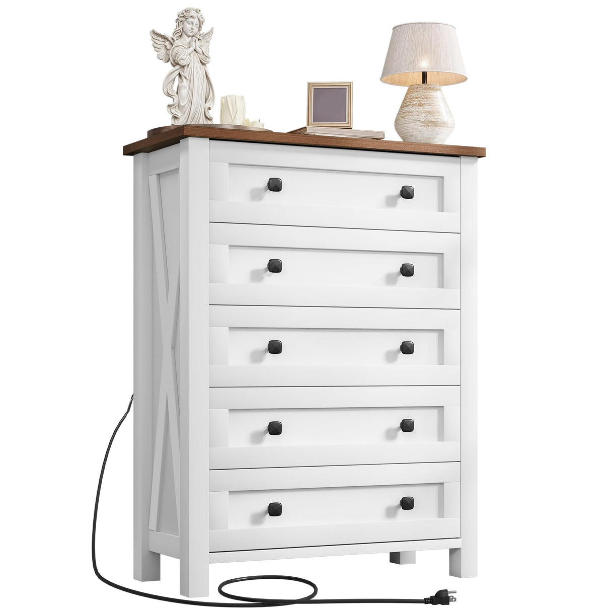 YITAHOME Farmhouse 5 Drawer Dresser for Bedroom with Power Outlets, Modern Tall Nightstand with Deep Drawers, Wood White Closet Dresser for Living Room, Entryway, Hallway YITAHOME