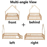TURRIDU Full Size Montessori House-Shaped Floor Bed with Fence and Door in Natural Wood TURRIDU