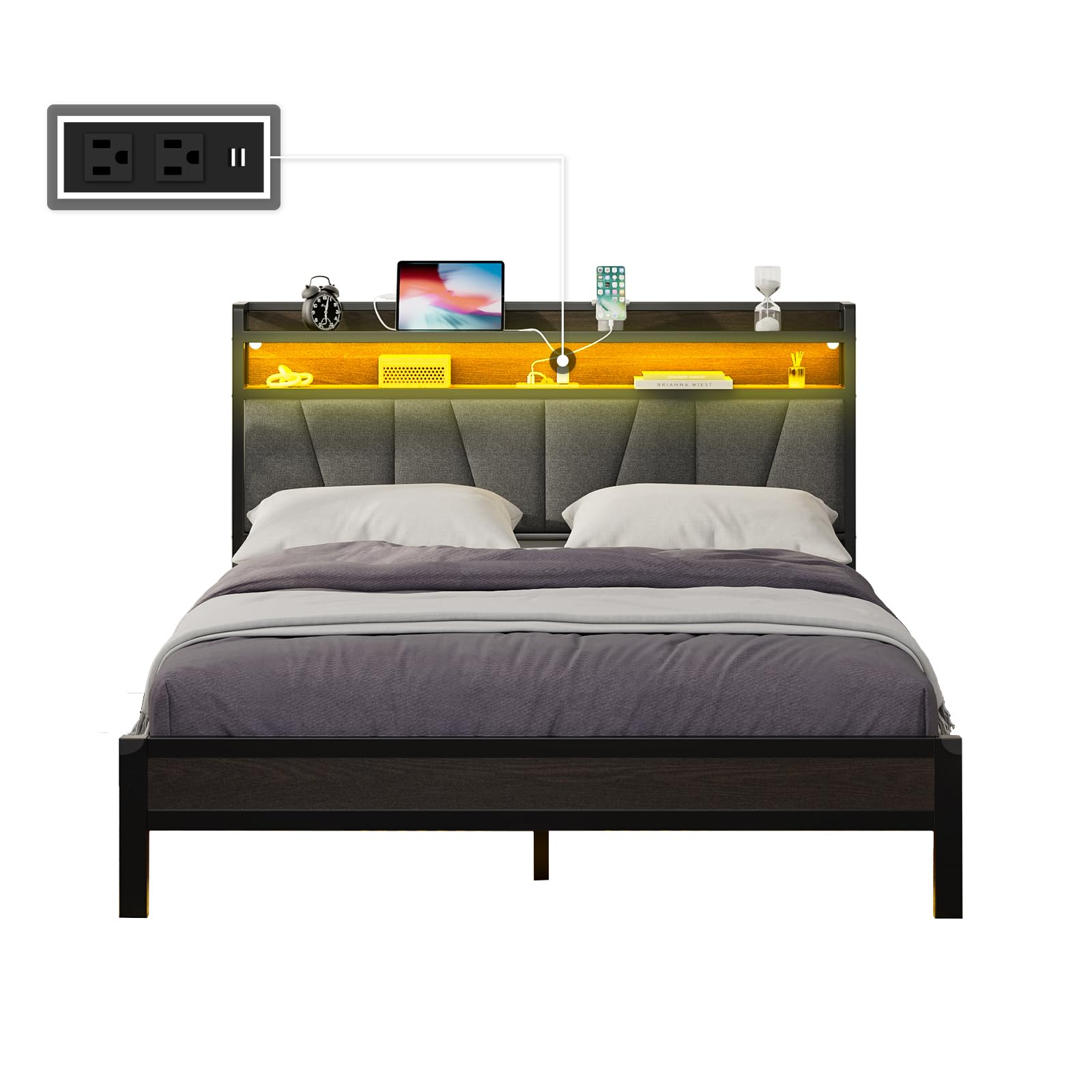 AMERLIFE King Size LED Bed Frame with RGB Lights, Charging Station & Storage Headboard, Black - WoodArtSupply