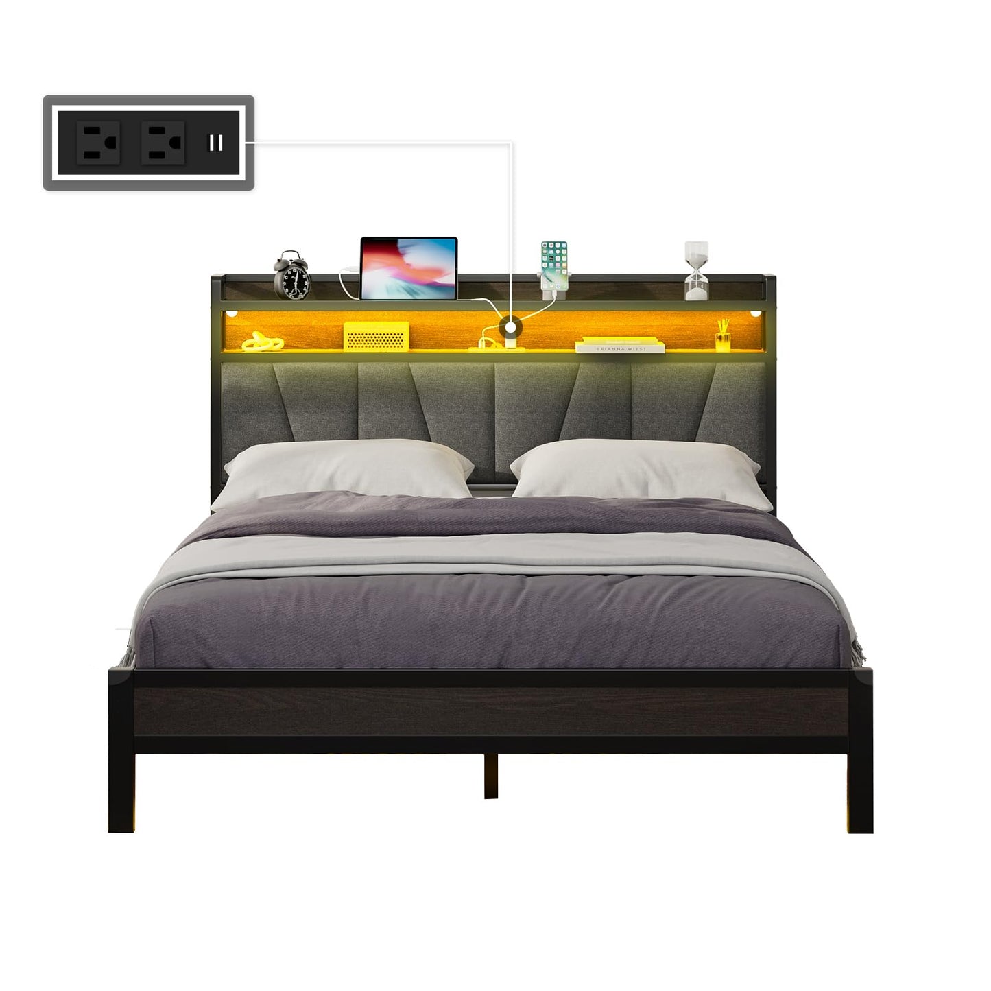 AMERLIFE Black Queen Size Bed Frame with RGB Lights, Charging Station, and Storage Headboard - WoodArtSupply